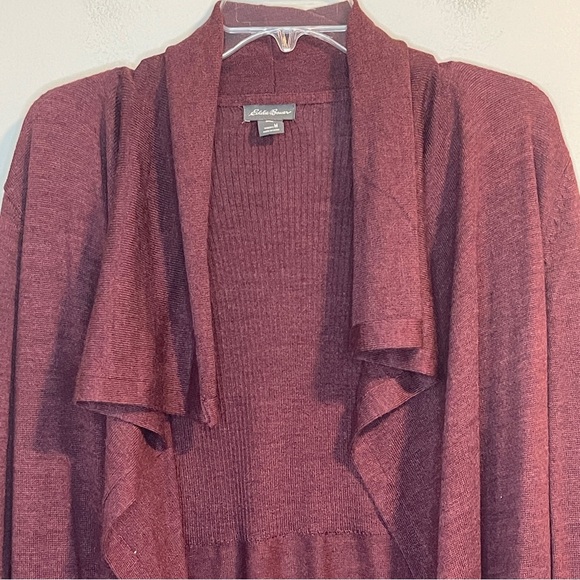 Eddie Bauer Cardigan Sweater Womens Maroon Ribbed Merino Wool Waterfall Open M - Picture 3 of 7
